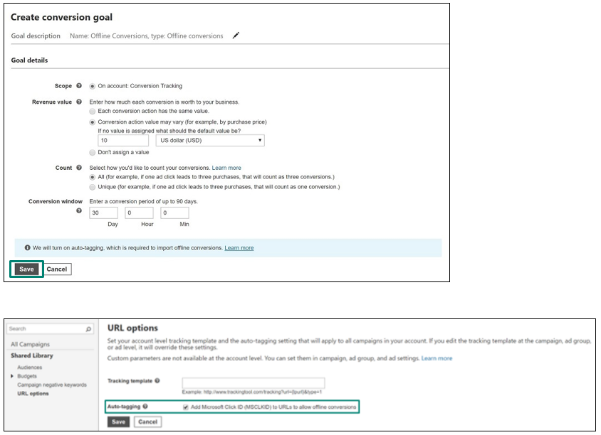 Bing Ads Create Conversion Goal - Auto-tagging status