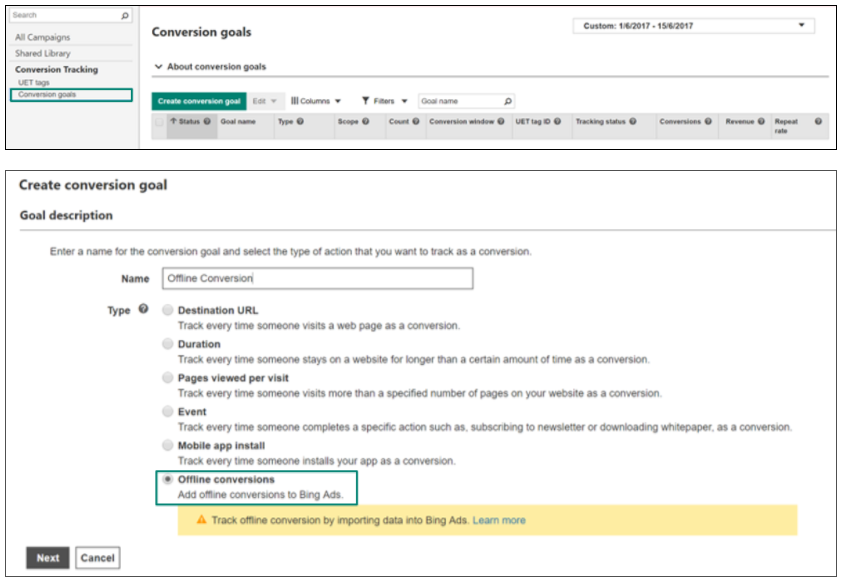 Bing Ads Conversion Goal - Offline Conversions Button