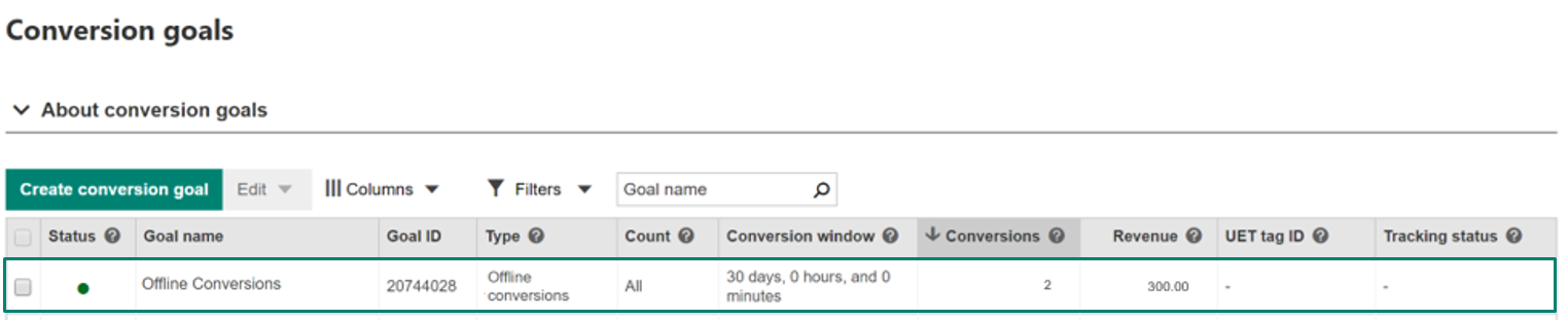 Bing Ads: View conversion data on Conversions goals page