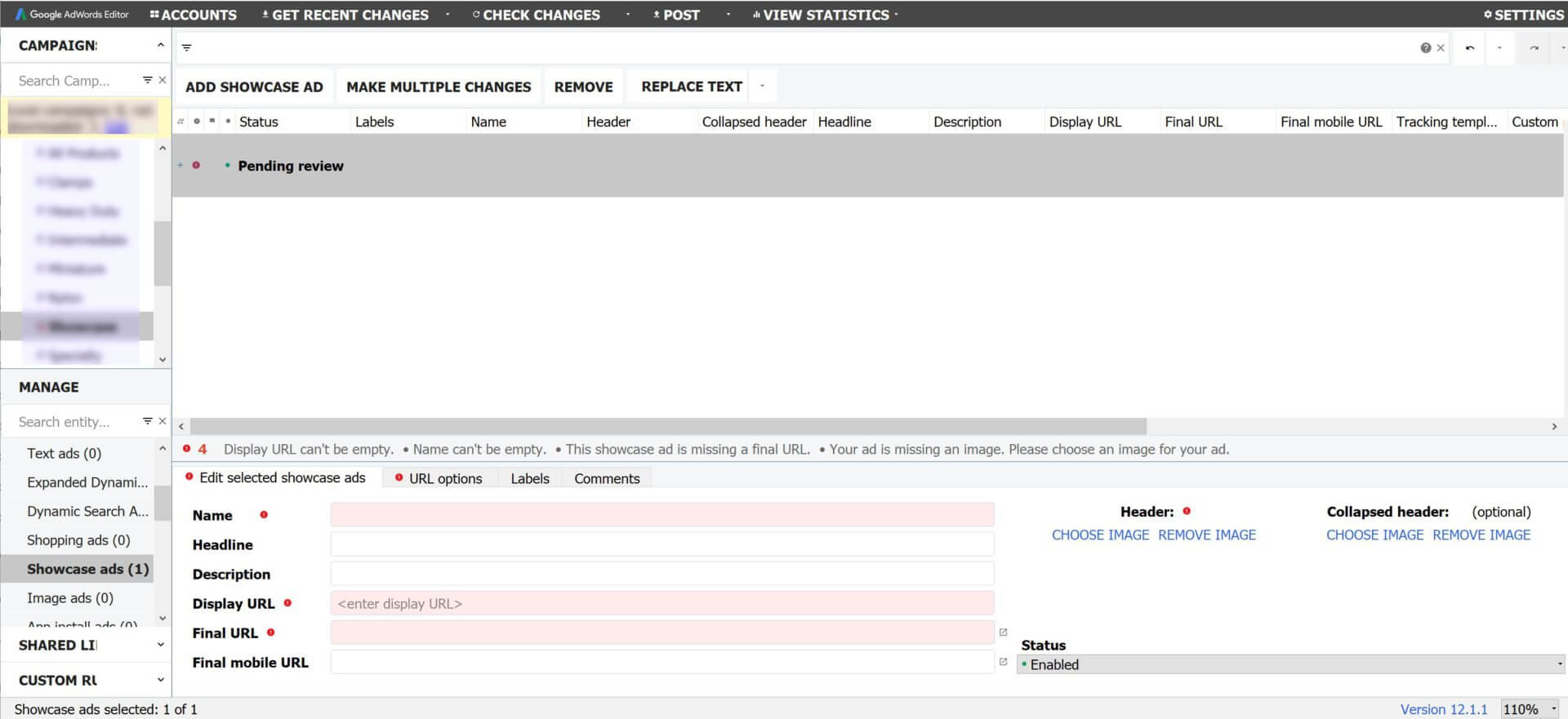 Add Showcase ads in AdWords Editor