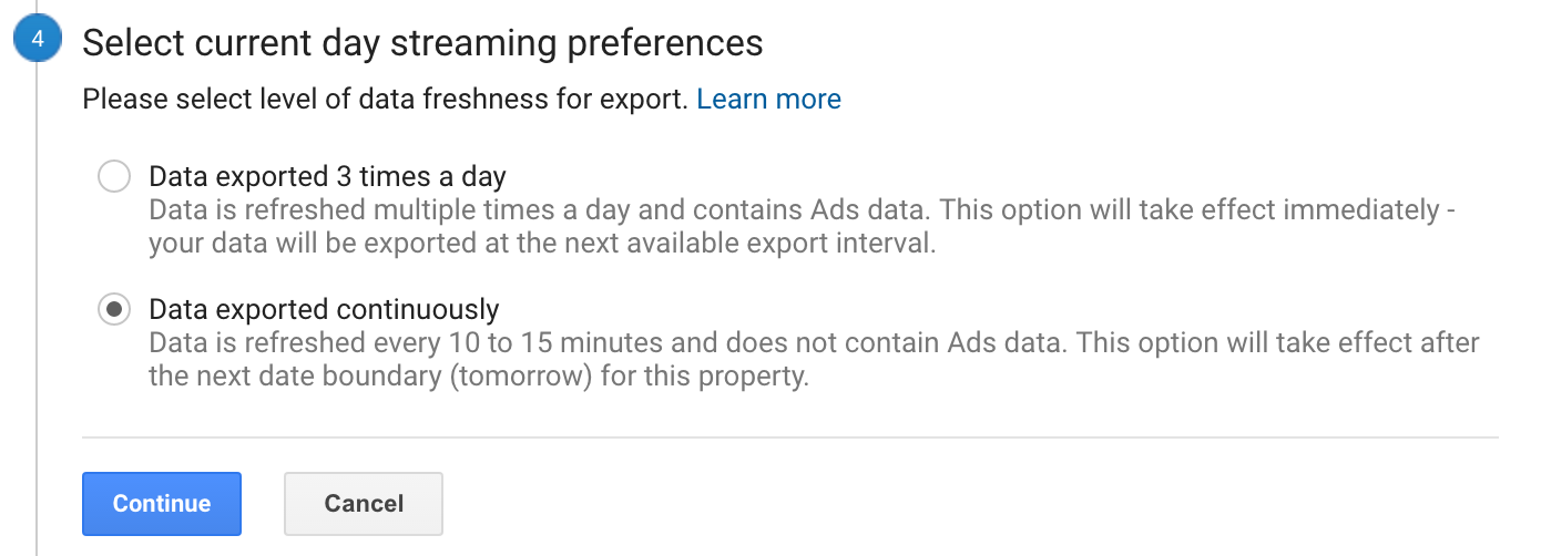 Google Analytics BigQuery Streaming Pfererences
