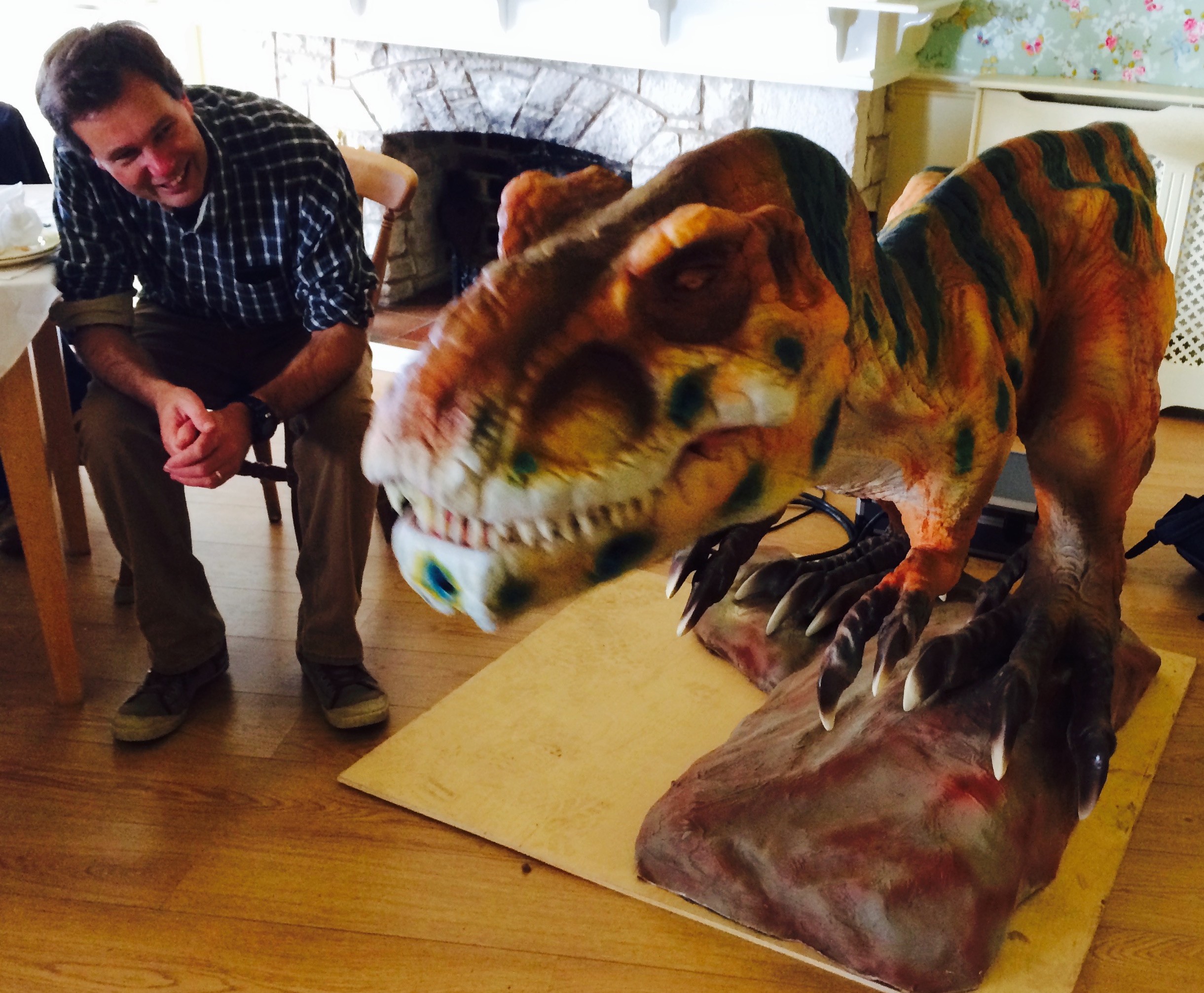 Andy Stanford-Clark and small T-Rex at BlackgangPi 2014. Image Credit: Lucy Rogers