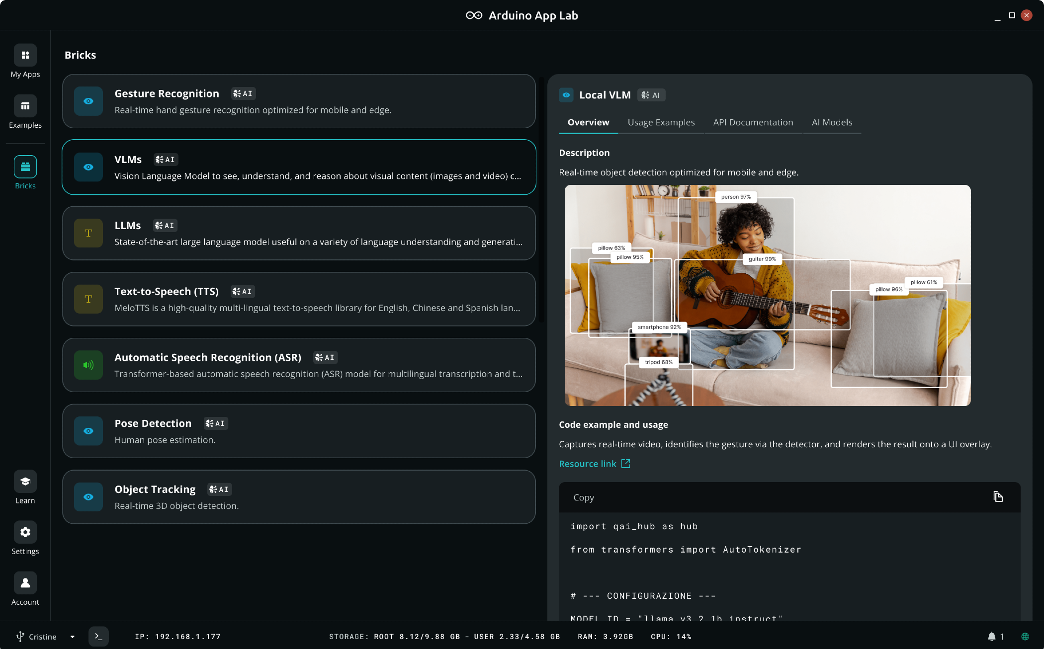 A screenshot of Arduino App Lab showing how the bricks can be used to detect a person
