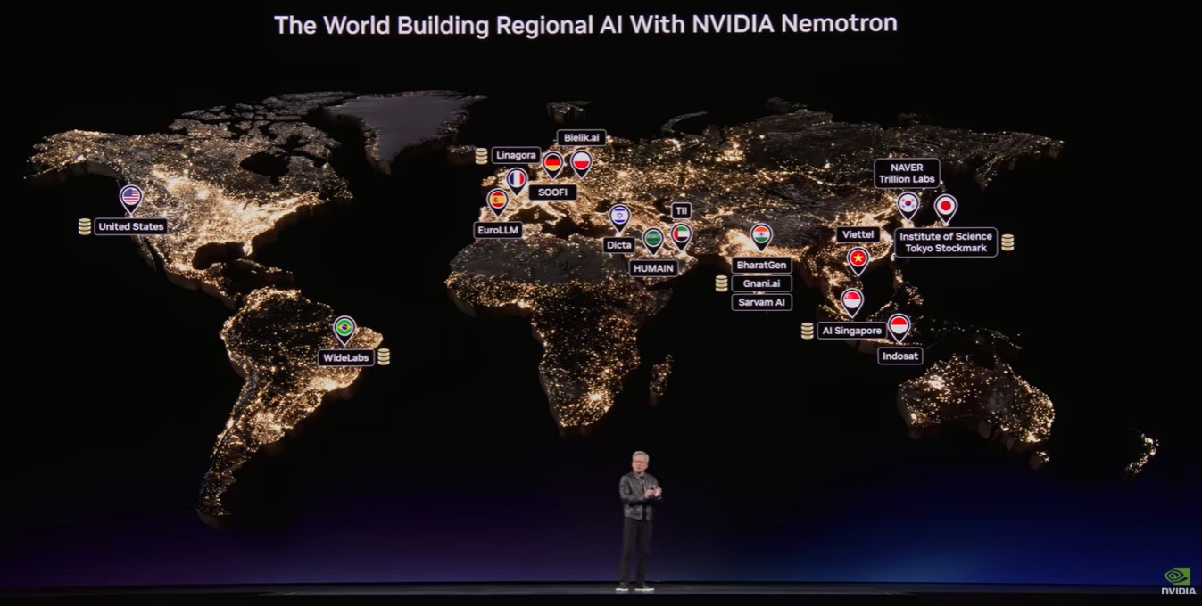 An image of Jenson Huang in front of a map showing where NVIDIA Nemotron is being deployed