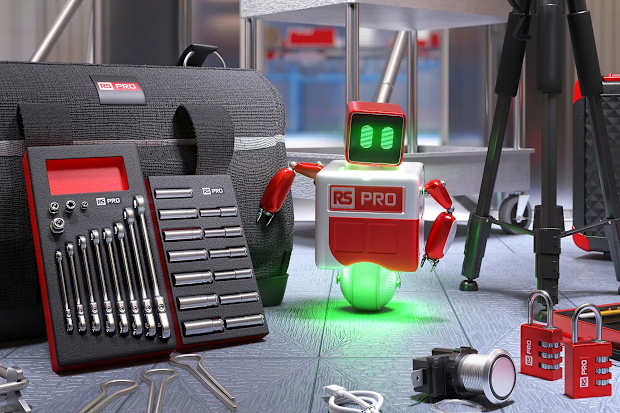 Image of the RS PRO robot on a work bench surrounded by hand tools