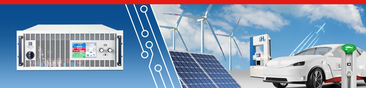 EA-Netzteil sowie Anwendungsbilder von Solar-, Windkraft- und Elektrofahrzeuganwendungen