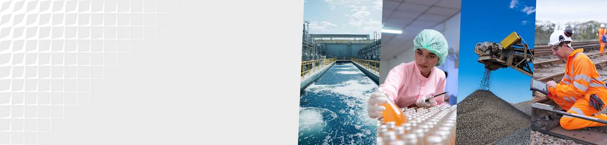 A collage of different industries including food and beverage, water, waste and rail