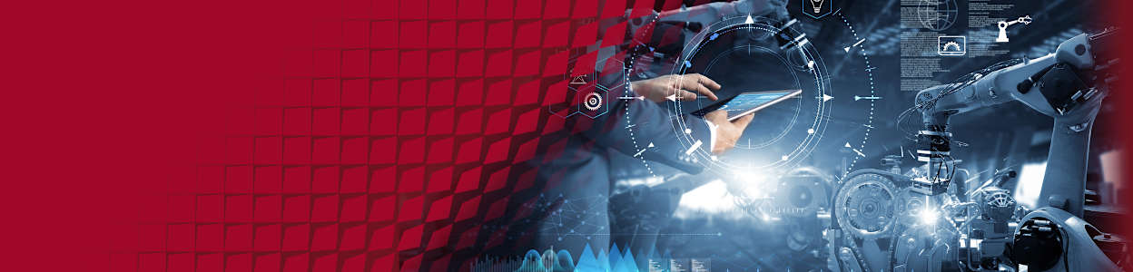 A person using a tablet to control robotic arms in a smart factory with digital data overlays.