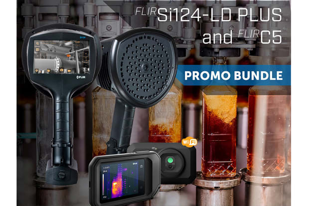 Montage of FLIR Si124-LD PLUS and FLIR C5 with background of machines filling bottles