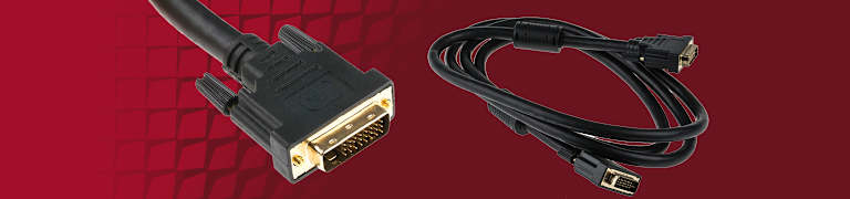 A red banner with dvi cables displaying