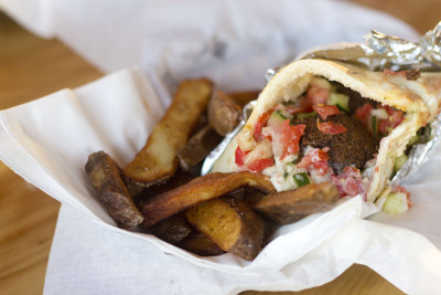 falafel sandwich at gonzo food cart in portland oregon
