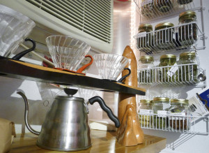 Portland’s Townsend Teas, brewed to order, line the wall inside.
