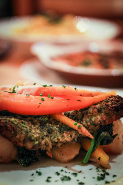 Herb crusted soy-free tempeh with fondant potatoes, braised baby carrots, sauteed spinach, and lemon-thyme cashew cream