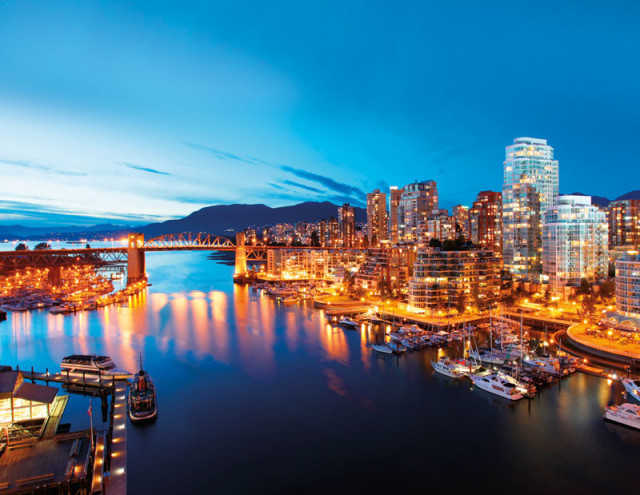 A view of False Creek and the Burrard Street Bridge at Vancouver’s southern seawall
