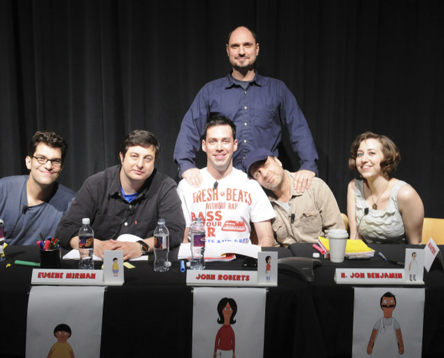 The cast of 'Bob's Burgers': (from left) Dan Mintz (Tina Belcher), Eugene Mirman (Gene Belcher), John Roberts (Linda Belcher), H. Jon Benjamin (Bob Belcher), and Kristen Schaal (Louise Belcher). Standing: creator Loren Bouchard.