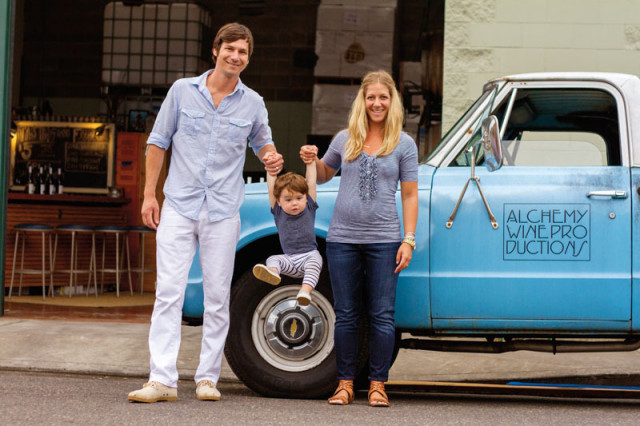 Nic and Gracey Donahue (with their son, Ely) crush, ferment, and bottle their Rhône-style wines in a quirky industrial warehouse.