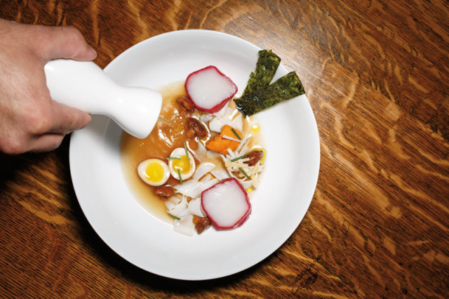 Roe’s ode to ramen, with cuttlefish “noodles,” sea urchin, halibut-bone broth, and a beet-stained scallop (to channel the usual fish cake)