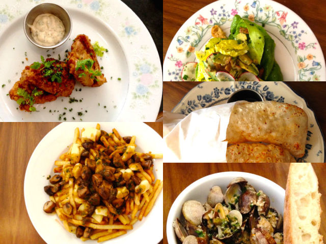 Clockwise from top left: fried tripe, butter lettuce salad, pork rinds, clams, and duck confit poutine.