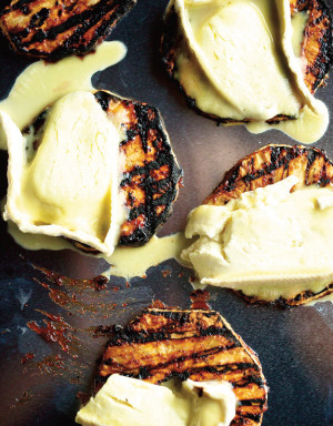 BBQ Celery Root with mache and Delice de Bourbogne