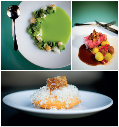 Wasabi pea soup with nasturtium leaves, bay scallops, peas, and buttermilk panna cotta