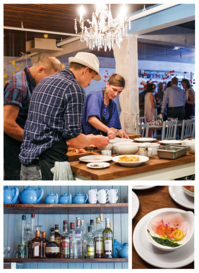 Sproule plates a course with sidekicks Riley Henderson (left) and Willoughby Cooke; bowls of anise hyssop and halibut sashimi await tomato water; liqueurs and coffee cups, the stuff of Din Din life