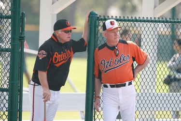 Baltimore Orioles red faced manager Buck Showalter nose to nose