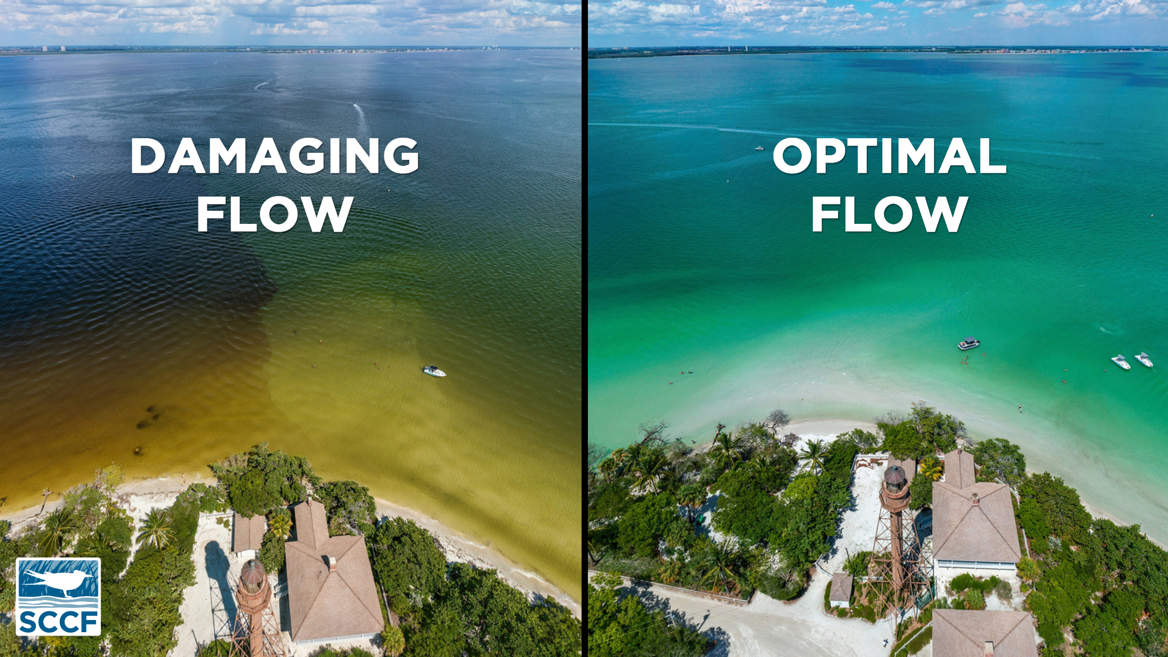 Two images side-by-side. The left image shows an aerial view of water that is more brown and dark with the words 