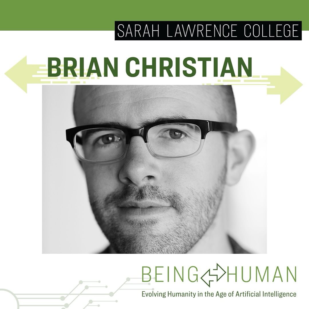 Promotional graphic with a portrait and text for an event featuring a speaker at Sarah Lawrence College.