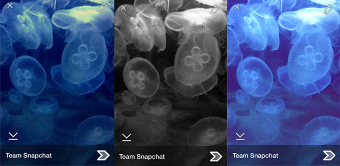 Du kan veksle mellom tre ulike filter i Snapchat. (Skjermdump Snapchat)