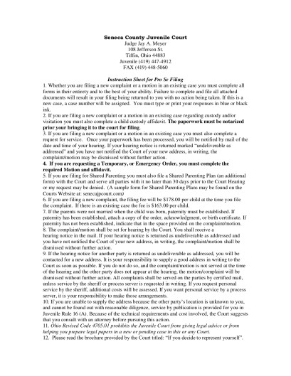 pro se packet for shared parenting plan seneca county juvenile ohio probate form
