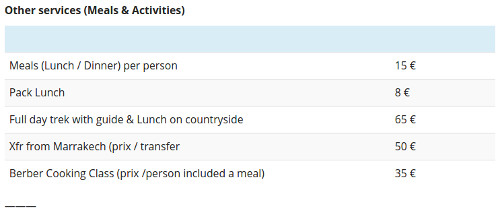 Marrakech Hotel Meal Prices