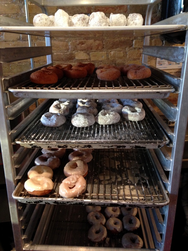 Doughnuts waiting to be sold.