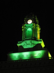 City Hall lit up in A's green