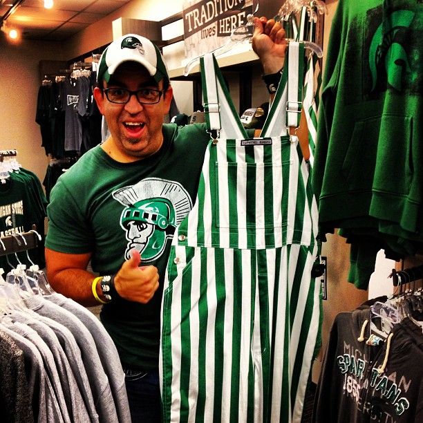 green and white striped overalls