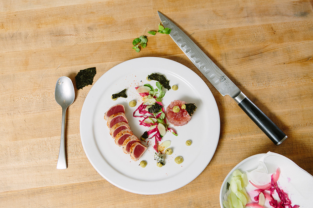 Tuna 2 ways. Tartta with pickled vegetables and seared with togarshi