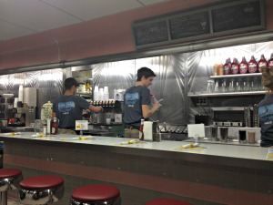 The 50s-style counter looks even better today. The 50s-style counter is preserved and adds to the nostalgia at the Oasis Diner in Plainfield, Indiana