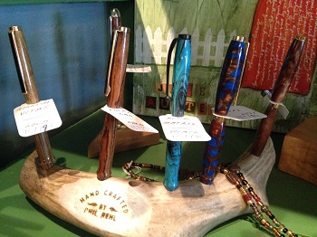 These pens at Finer Things are made from wood, glass and even deer antlers. Handmade pens at Finer Things in Brownsburg, Indiana