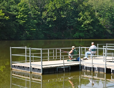 A handicap-accessible pier makes Sodalis Nature Park's pond a favorite of local fishermen. Sodalis Nature Park pond, Plainfield, Indiana