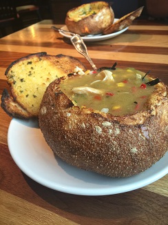 Giant bread-bowl, filled with delicious soup at BJ's Brewhouse. BJ's Brewhouse, Avon, Indiana, Restaurant, bread bowl, soup