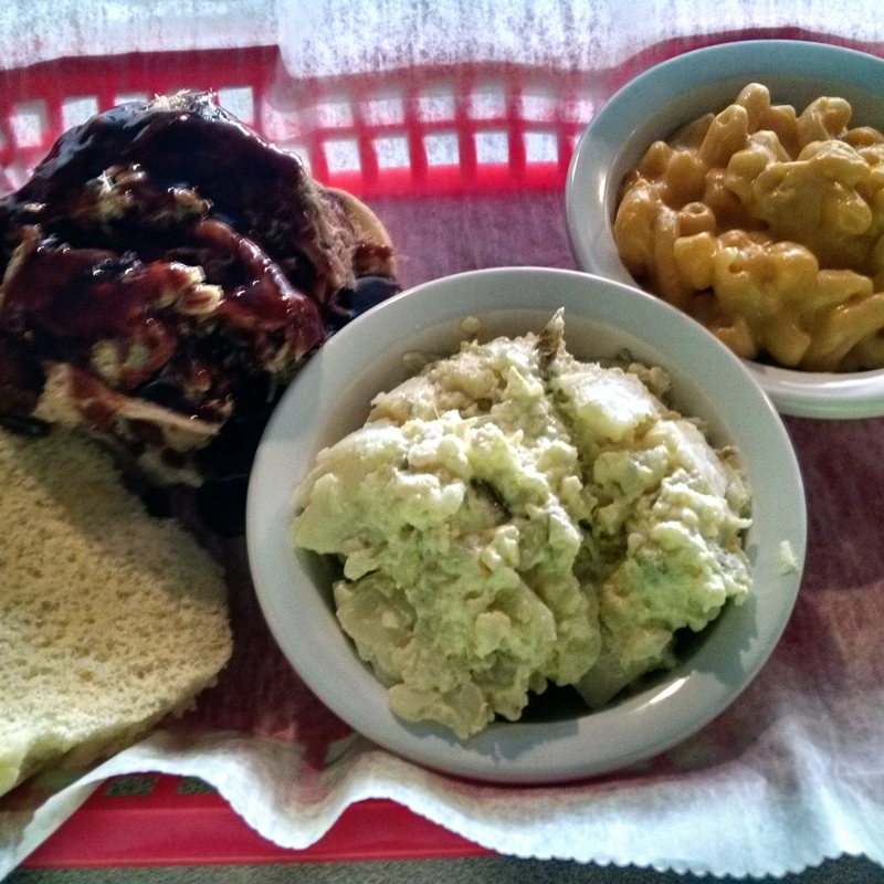Pulled pork with Texas sauce, macaroni and cheese, and potato salad from Jimbo's BBQ in Pittsboro.