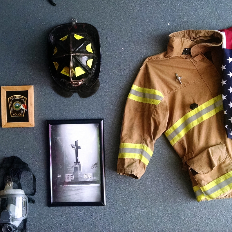 Some of the wall decorations donated to Jimbo's BBQ by the Pittsboro Fire Department and Pittsboro Police Department.