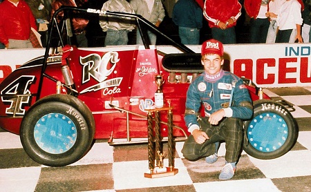 A high school-age Jeff Gordon celebrates his first win in 1989 at what is now Lucas Oil Raceway in Brownsburg. (Photo courtesy of Lucas Oil Raceway) A high school-age Jeff Gordon celebrates his first win in 1989 at what is now Lucas Oil Raceway in Brownsburg, Indiana. (Photo courtesy of Lucas Oil Raceway)