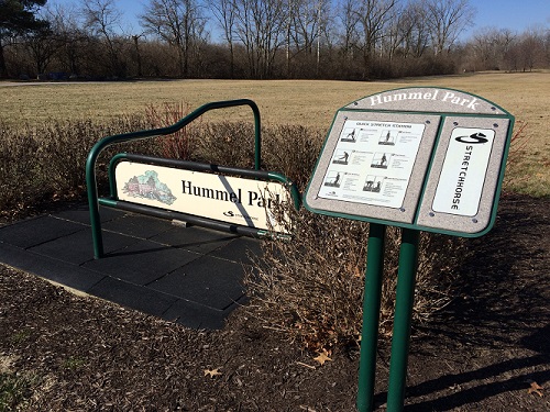 Guilford Township's Hummel Park has directional signs and even this StretchHorse for runners. Sign for runners at Guilford Township's Hummel Park in Plainfield, Indiana