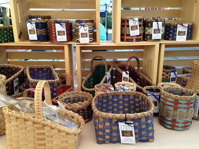 A variety of arts and craft vendors will line the streets at Fair on the Square. Baskets at Handmade Market booth in Danville, Indiana