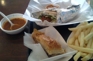 falafel, spicy lentil soup, baklava