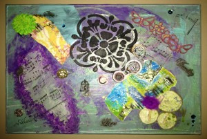 My creation as it came together from layering the canvas with paint (top) to adding new elements as it progressed.