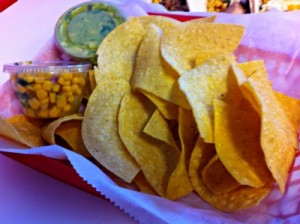 warm chips, corn salsa and guacamole