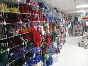 A wall of wool yarns at Sheep Street Fibers.
