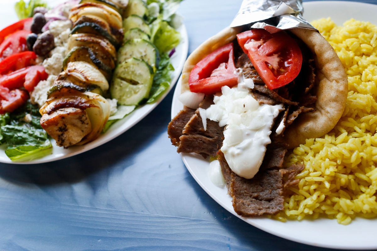 A chicken kabob and a gyro