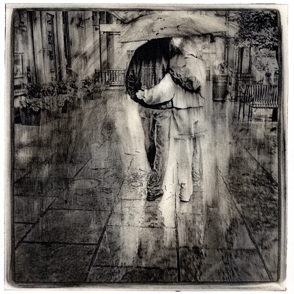 Etching of two people under umbrella by Michael Reiger